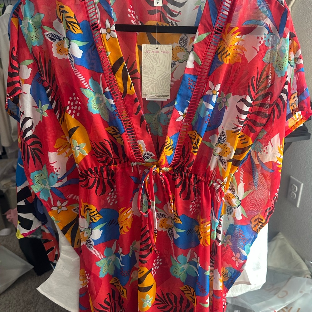 Tropical Floral V-Neck Swim Coverup